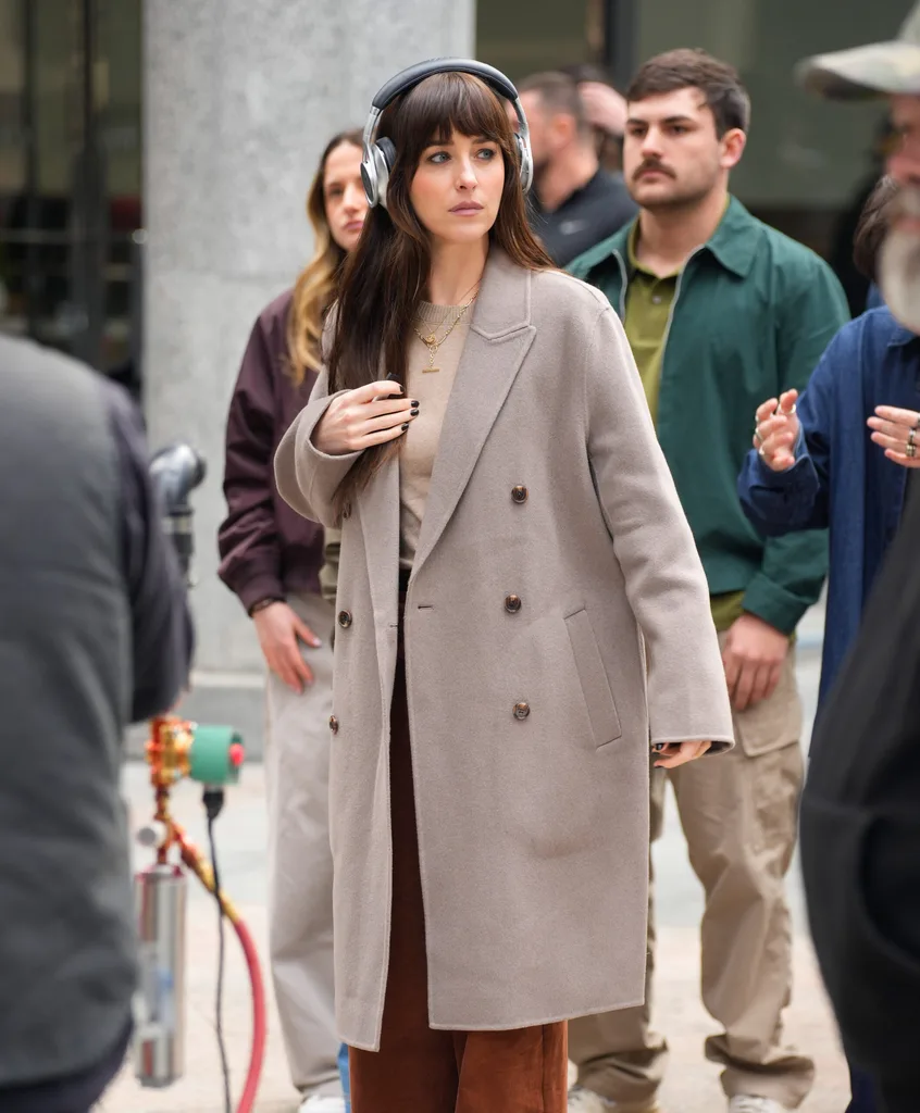 Dakota Johnson is seen at the movie set of the 'Verity on March 12, 2025 in New York City.