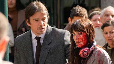 Josh Hartnett and Dakota Johnson are seen at the movie set of the 'Verity' on March 12, 2025 in New York City.