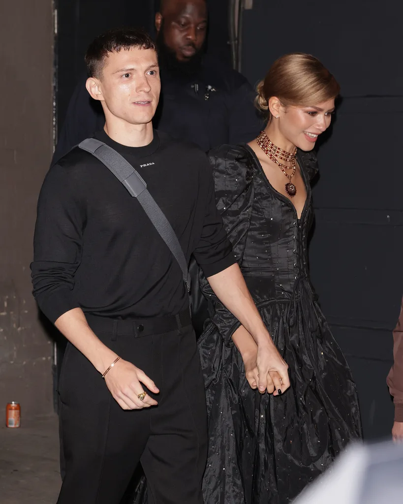 LONDON, ENGLAND - MAY 23: Tom Holland and Zendaya are seen leaving The Duke of York's Theatre after a 'Romeo and Juliet' press night on May 23, 2024 in London, England. (Photo by Ricky Vigil M / Justin E Palmer/GC Images)