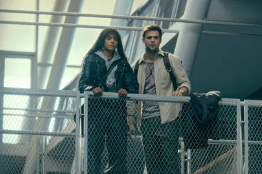 Quintessa Swindell and Leo Woodall stand together in a still from series Prime Target