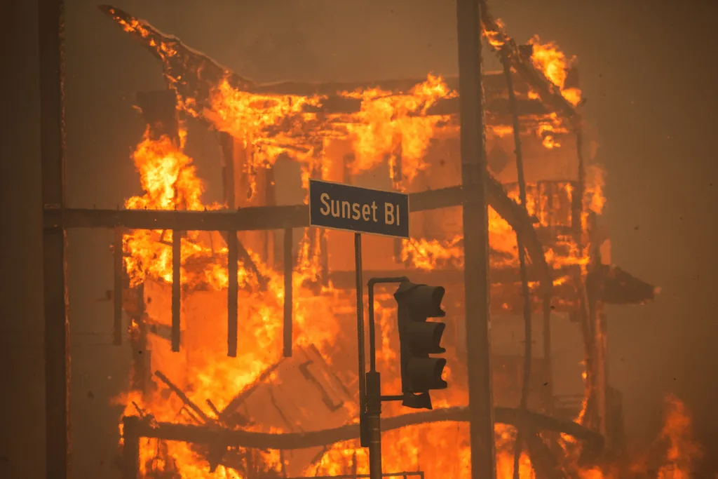 The Sunset Blvd sign surrounded by fire