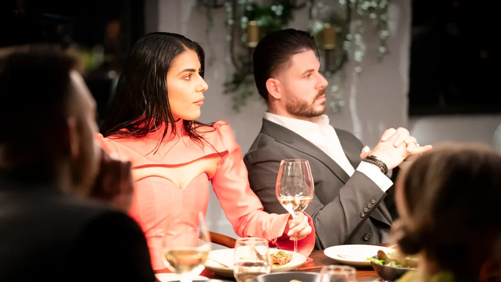MAFS Carina and Paul at a dinner party.