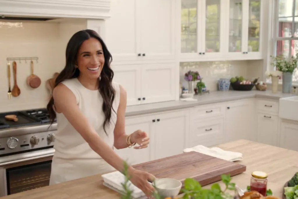 Meghan Markle in her kitchen in still from Netflix cooking show With Love Meghan