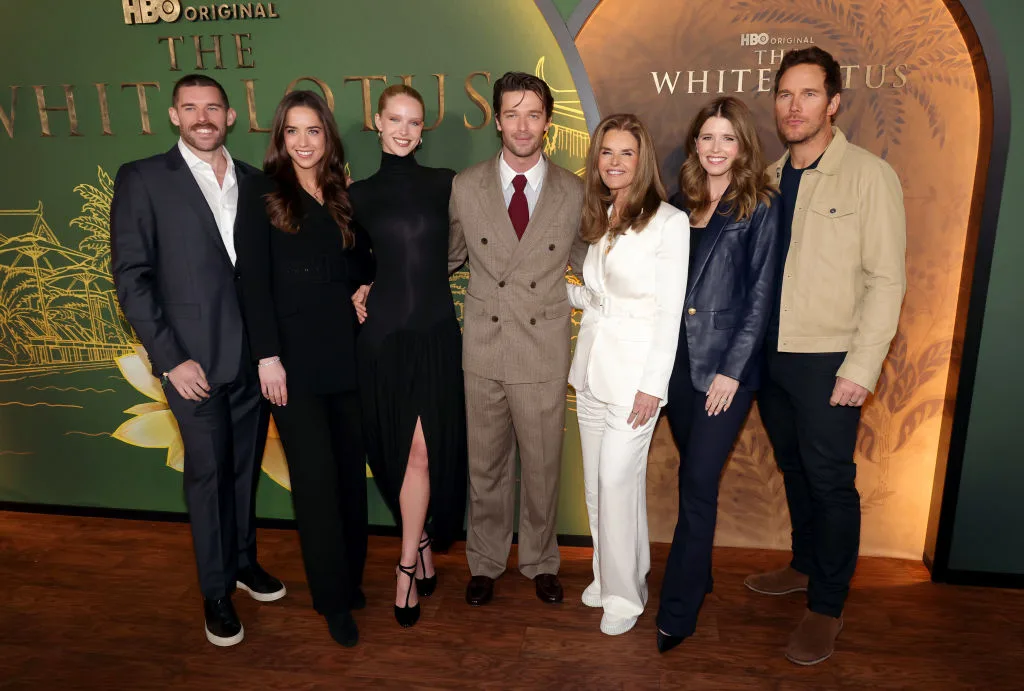 Christopher Schwarzenegger, Christina Schwarzenegger, Abby Champion, Patrick Schwarzenegger, Maria Shriver, Katherine Schwarzenegger and Chris Pratt attend the Los Angeles Premiere of HBO Original Series "The White Lotus" Season 3