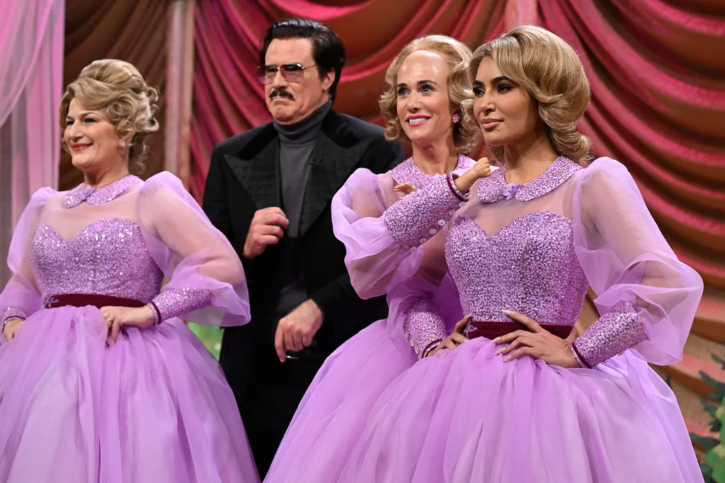 SNL50: THE ANNIVERSARY SPECIAL -- Pictured: (l-r) Ana Gasteyer, Will Ferrell, Kristen Wiig, and Kim Kardashian during the "Lawrence Welk" sketch on February 16, 2025