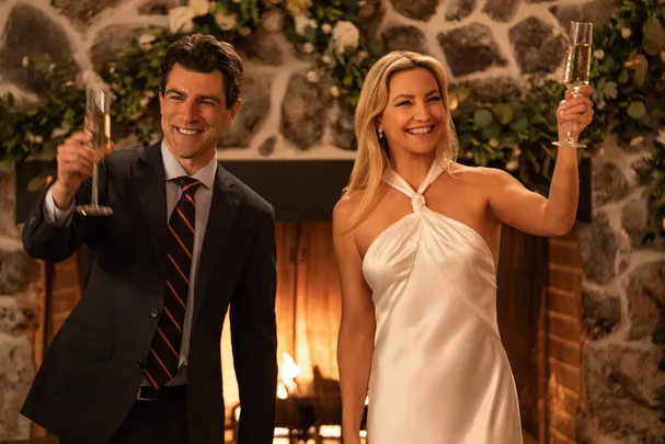 RUNNING POINT Max Greenfield as Lev Levinson and Kate Hudson as Isla Gordon in Episode 105 of Running Point.