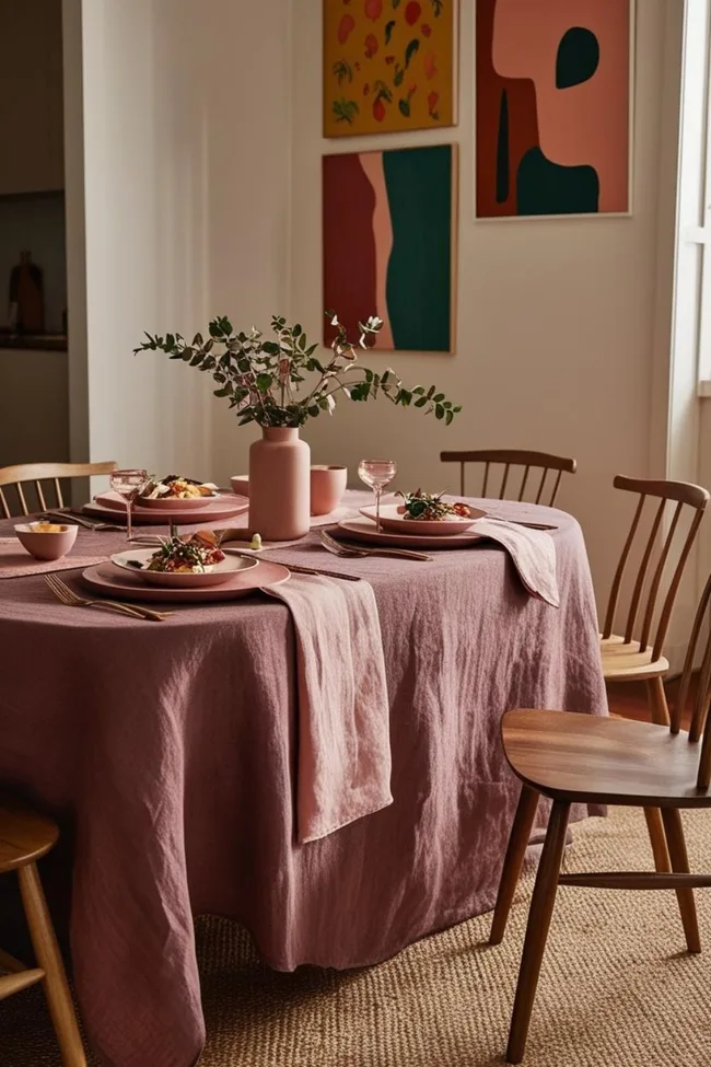 TSL Co pink linen tablecloth on a wooden table surrounded by chairs
