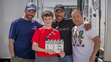 Phillip Barantini, Owen Cooper, Ashley Walters, Stephen Graham on the set of Adolescence.