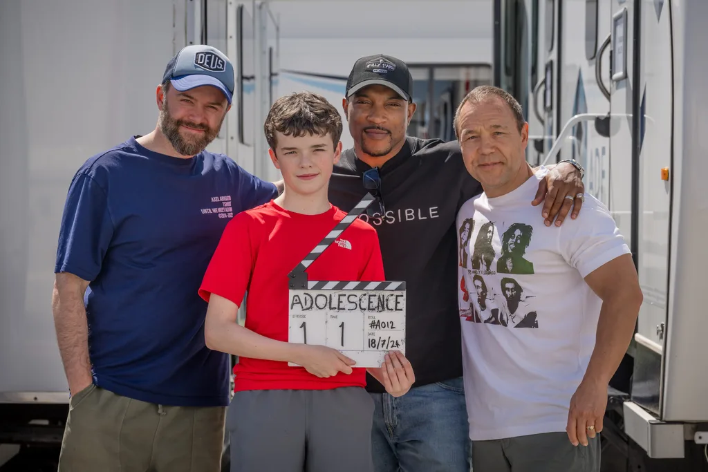 Phillip Barantini, Owen Cooper, Ashley Walters, Stephen Graham on the set of Adolescence.