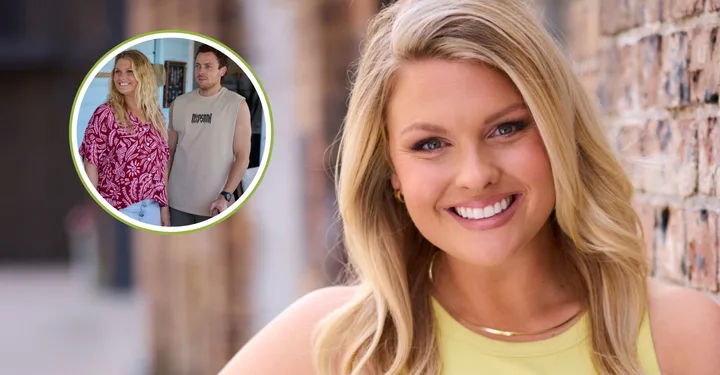 Sophie Dillman poses with an inset of Ziggy and Dean on Home and Away