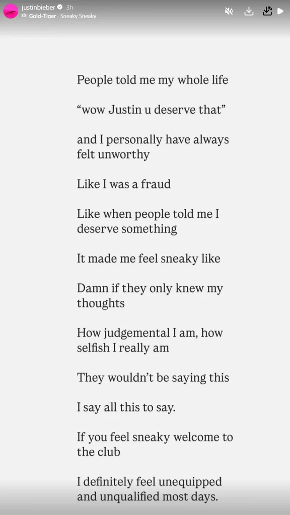 Justin Bieber Instagram story