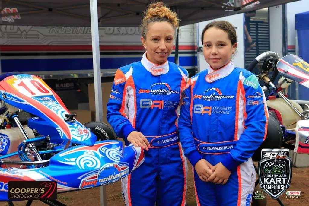 Aiva Anagnostiadis and her mother Barbara at a go-kart track.