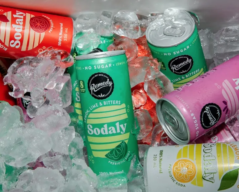 cans of sodaly soft drink in ice