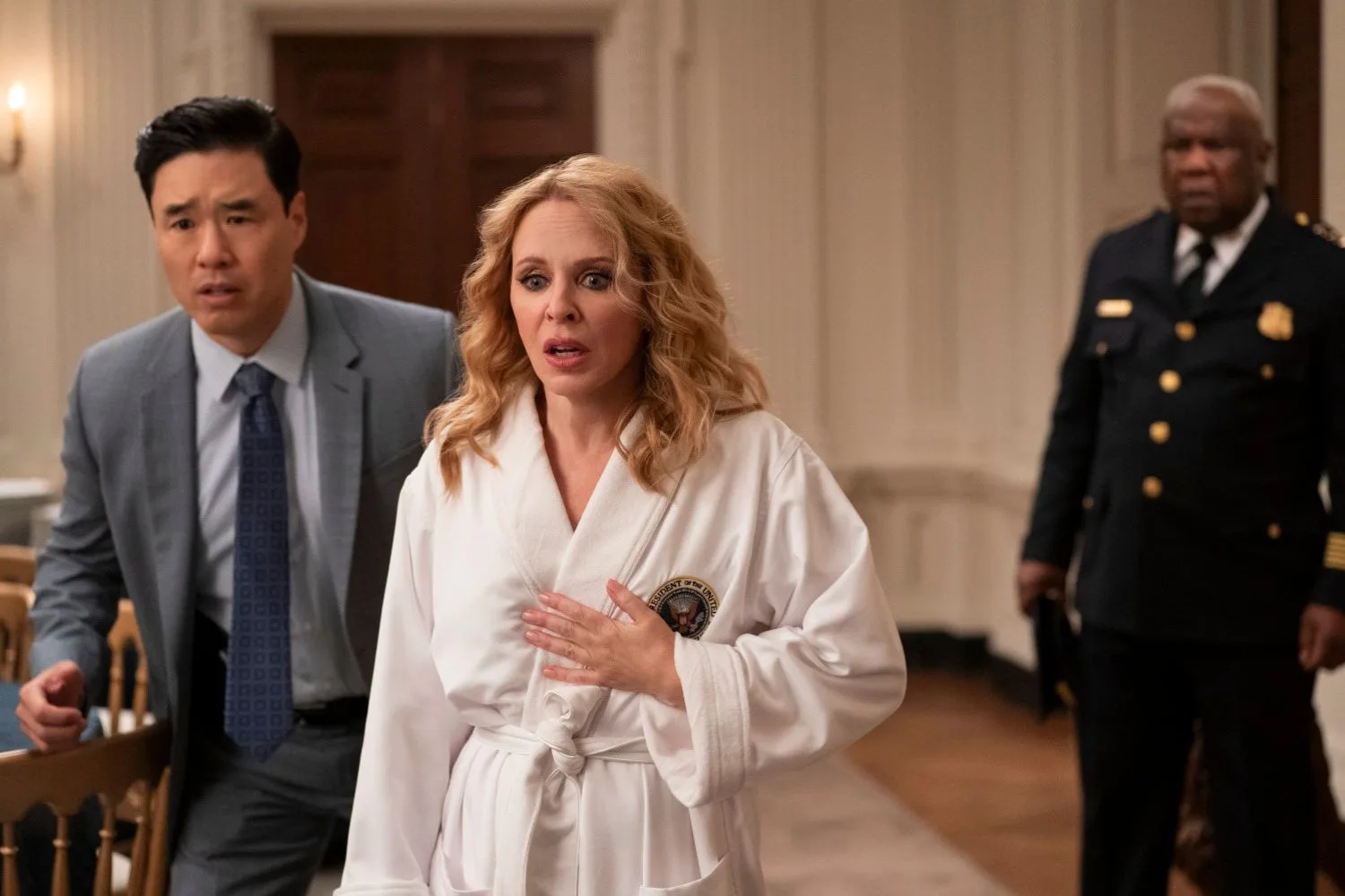 Randall Park and Kylie Minogue in Netflix series The Residence