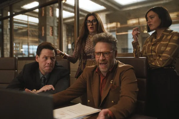 Seth Rogen sits at a desk in a scene from The Studio