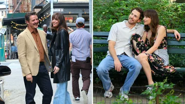 Dakota Johnson, Chris Martin and Pedro Pascal on set