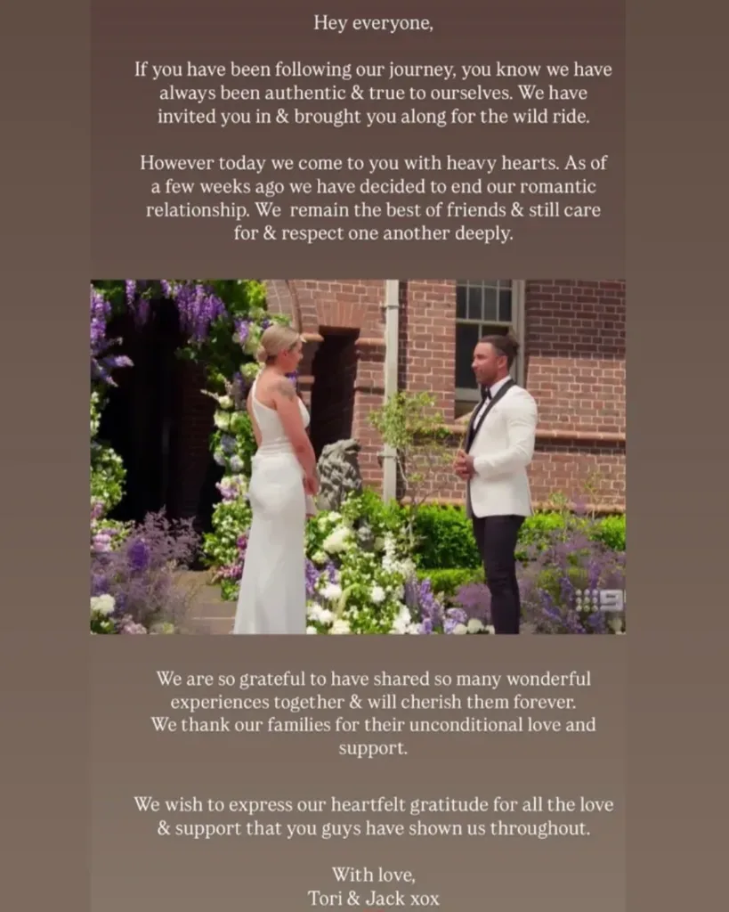 Jack and Tori split statement