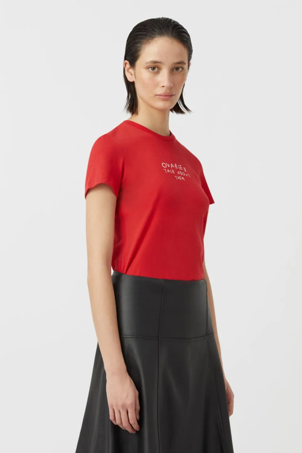 Camilla and Marc Red Charity t-shirt that reads "ovaries lets talk about them"