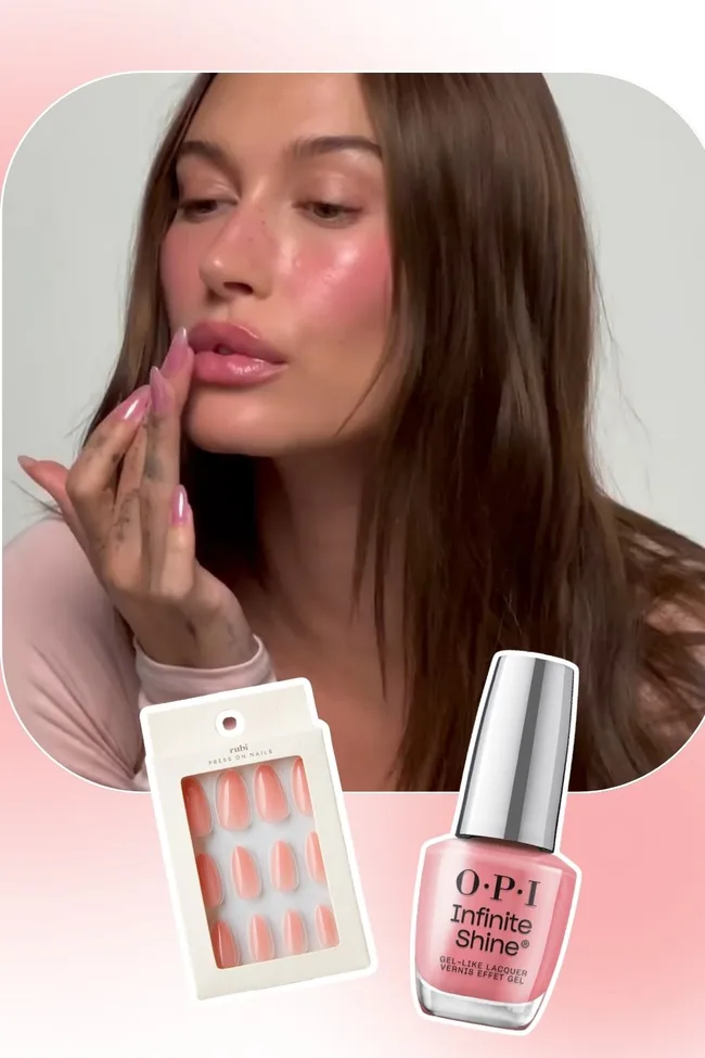 Hailey Bieber with pink nails Celeb Nail Trend