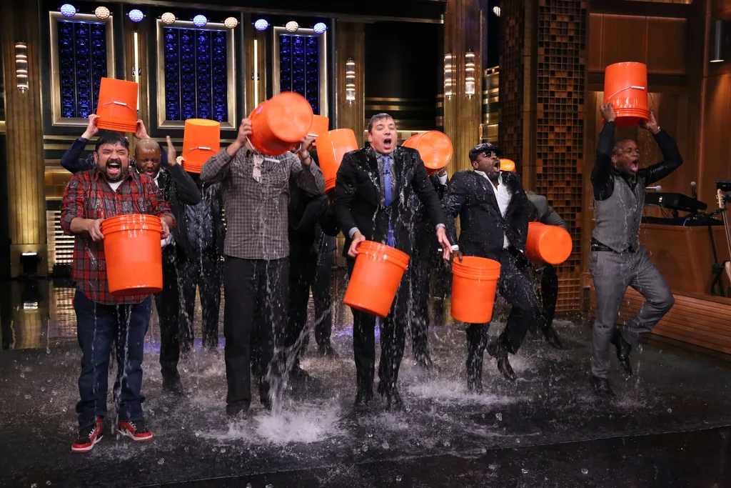 THE TONIGHT SHOW STARRING JIMMY FALLON participate in the "Ice Bucket Challenge" on August 12, 2014