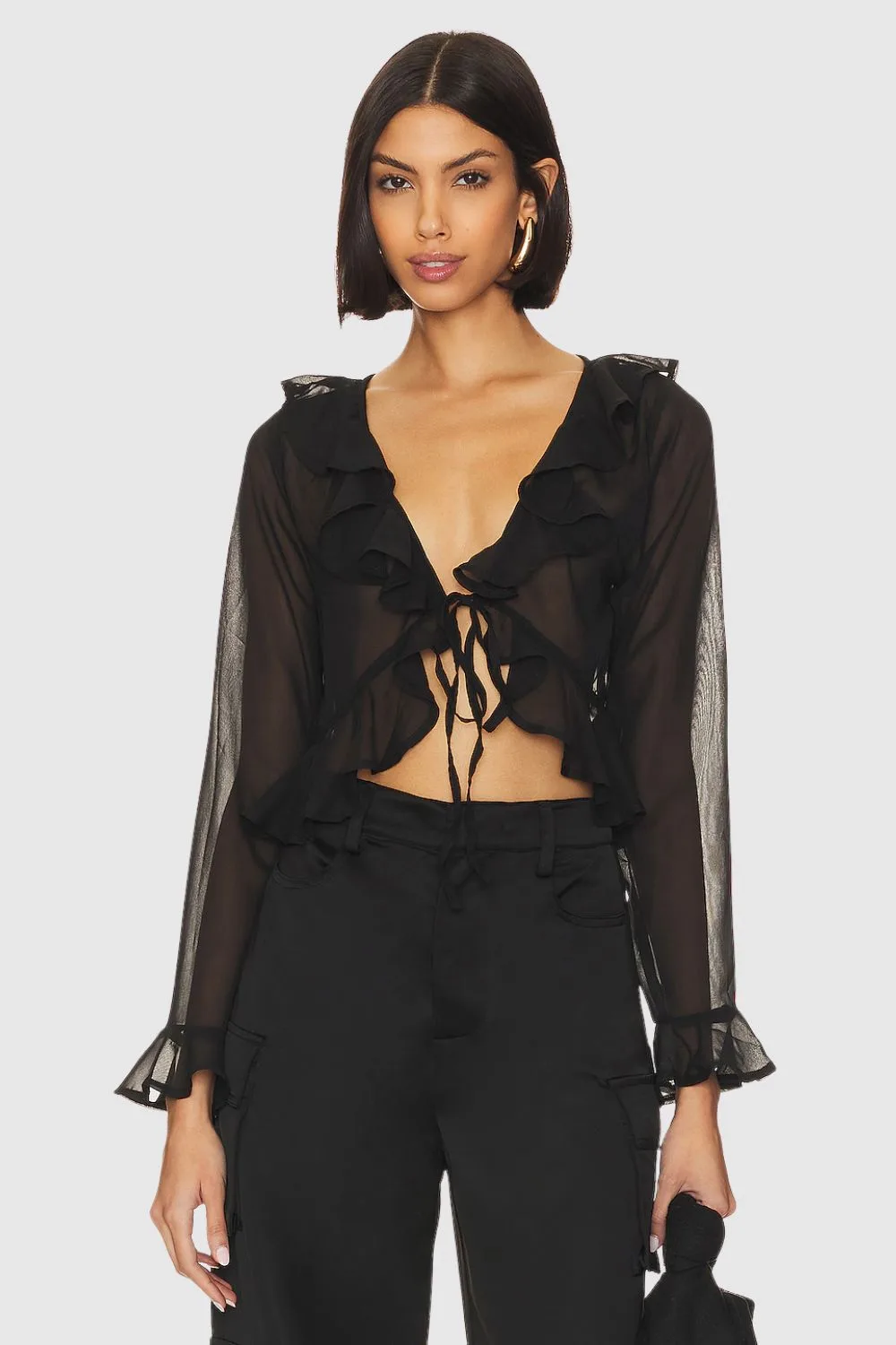 Black sheer tie up blouse.