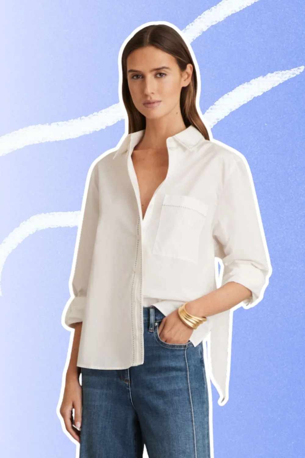 Cotton Topstitched Button-Through Shirt in White
