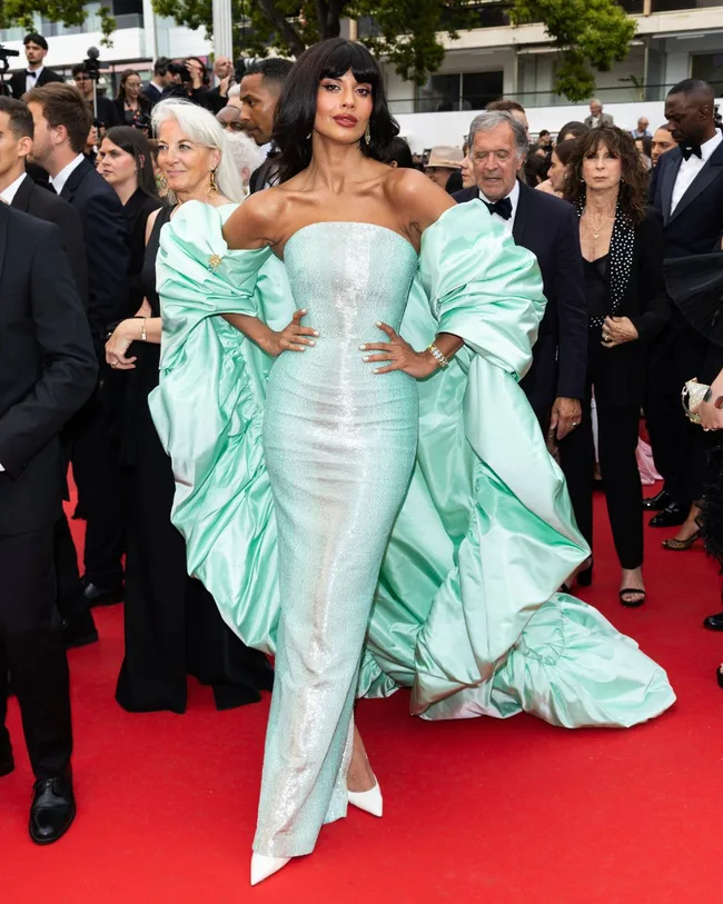 jameel jamil wore a train with her mint green strapless dress at cannes film festival 2025