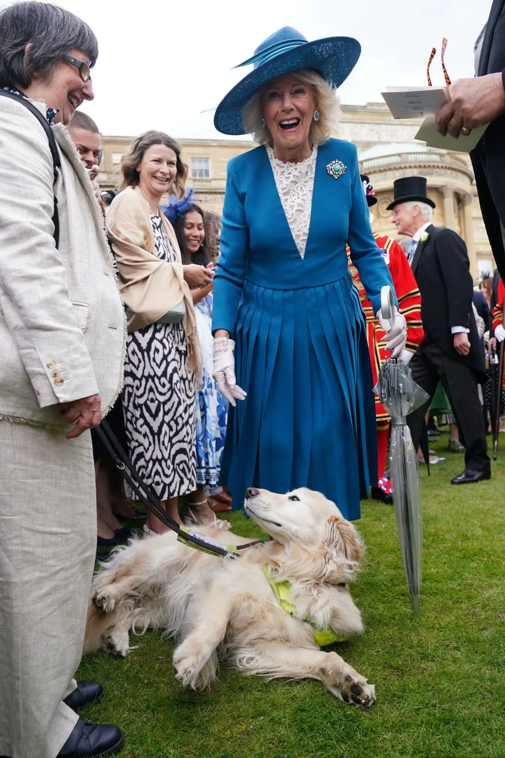 Queen Camilla greets a dog at a garden party 