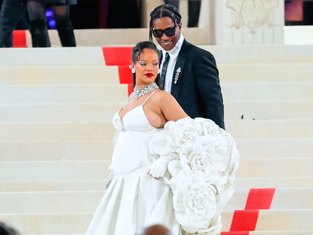 Rihanna and ASAP Rocky are seen attending The 2023 Met Gala Celebrating 'Karl Lagerfeld: A Line Of Beauty' at The Metropolitan Museum of Art on May 01, 2023 in New York City.