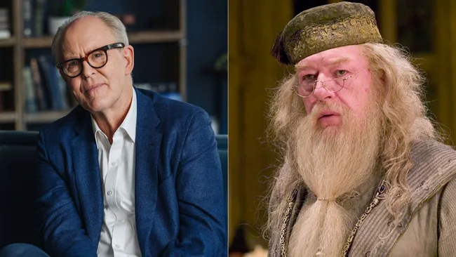 harry potter series cast member john lithgow pictured with the actor who played dumbledore in the movies