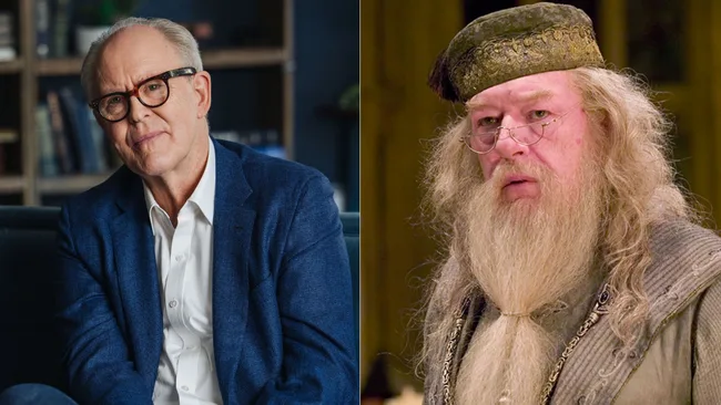 harry potter series cast member john lithgow pictured with the actor who played dumbledore in the movies
