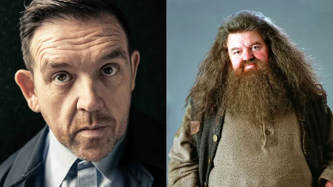actor nick frost cast as hagrid in harry potter series pictured with robbie coltrane who played hagrid in the movies