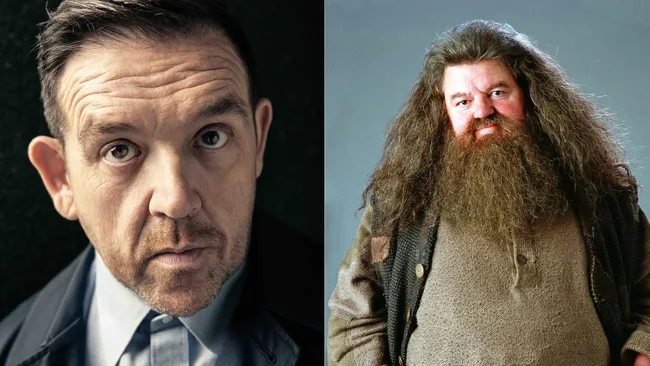 actor nick frost cast as hagrid in harry potter series pictured with robbie coltrane who played hagrid in the movies