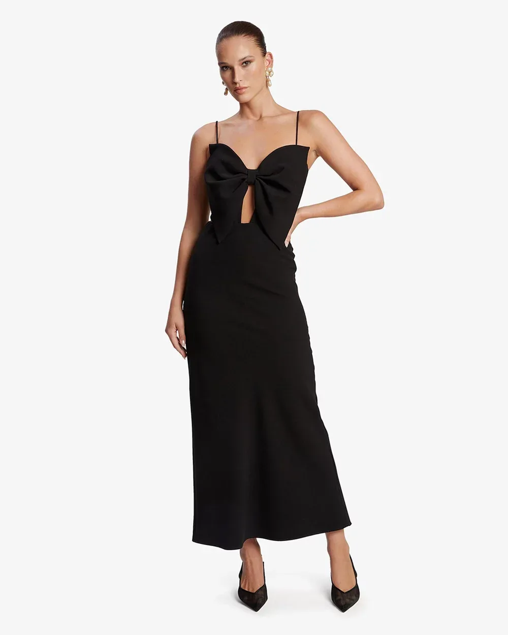 Black maxi dress with a front bow on a model.