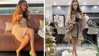 Woman drinking a cocktail on a couch and an image of a women taking a mirror selfie