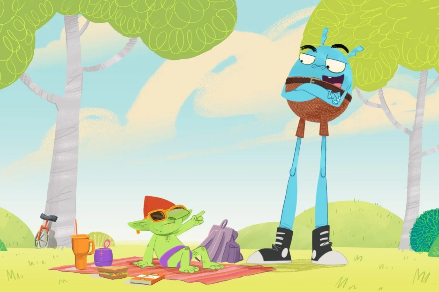 Andy Lee kids show - Animated characters Wizz, a tall blue monster with antennae and sneakers, and Douglas, a small green goblin-like creature in sunglasses and a red hat, hang out in a sunny park scene from Do Not Watch This Show.