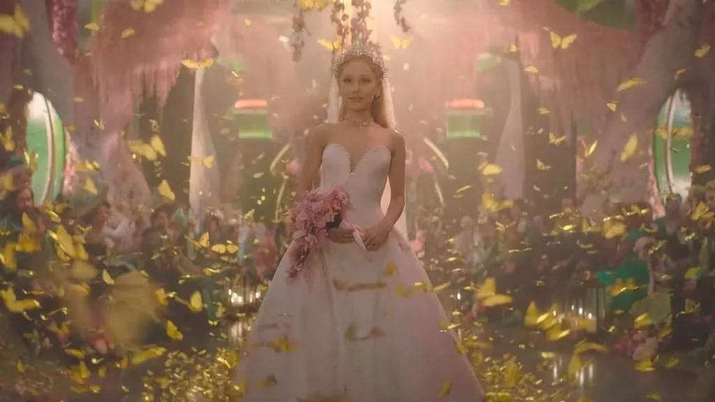 ariana grande as glinda wearing a wedding dress in Wicked for good