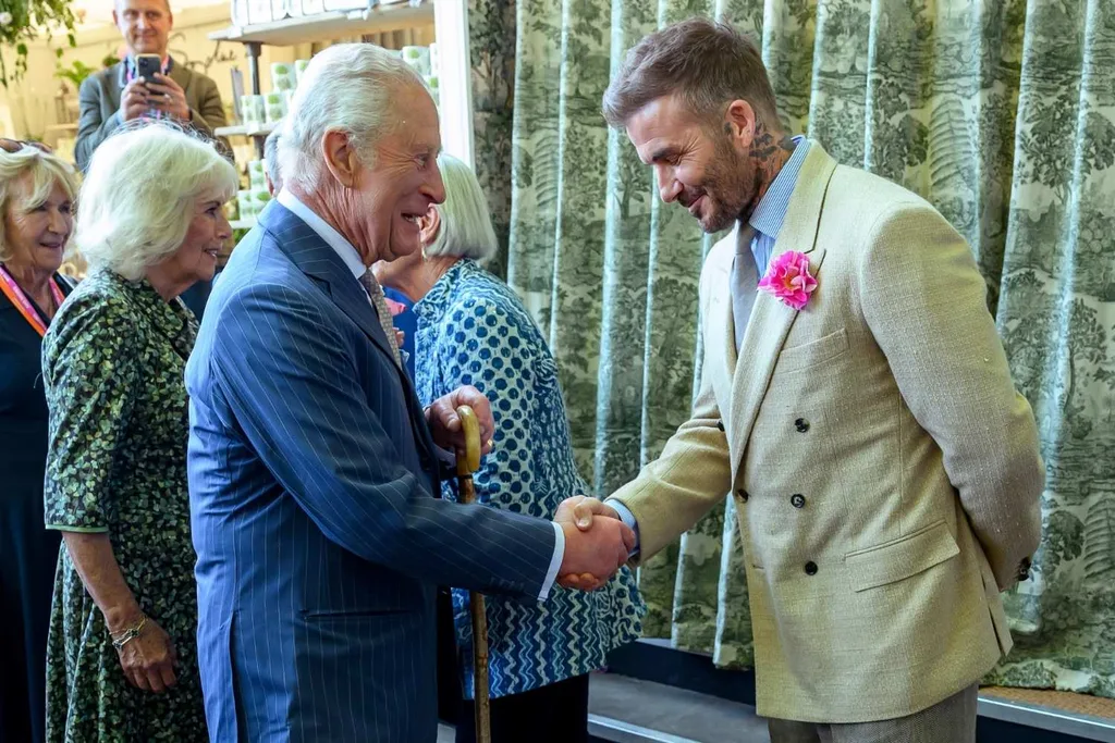 David Beckham and ing Charles at the Chelsea flower show in 2025