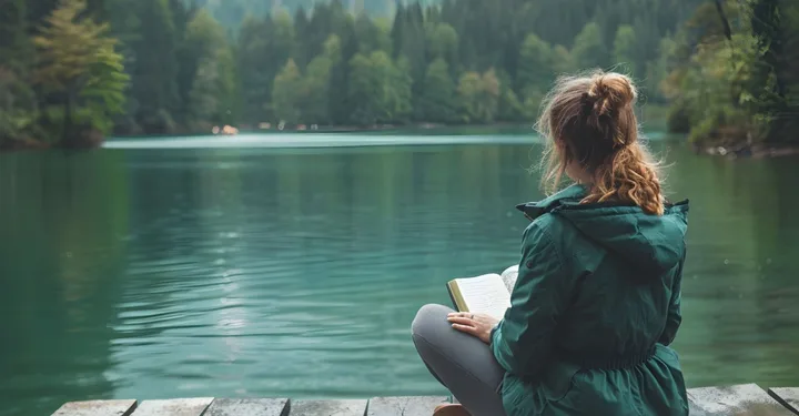 A woman stares at a lak while holding a novel