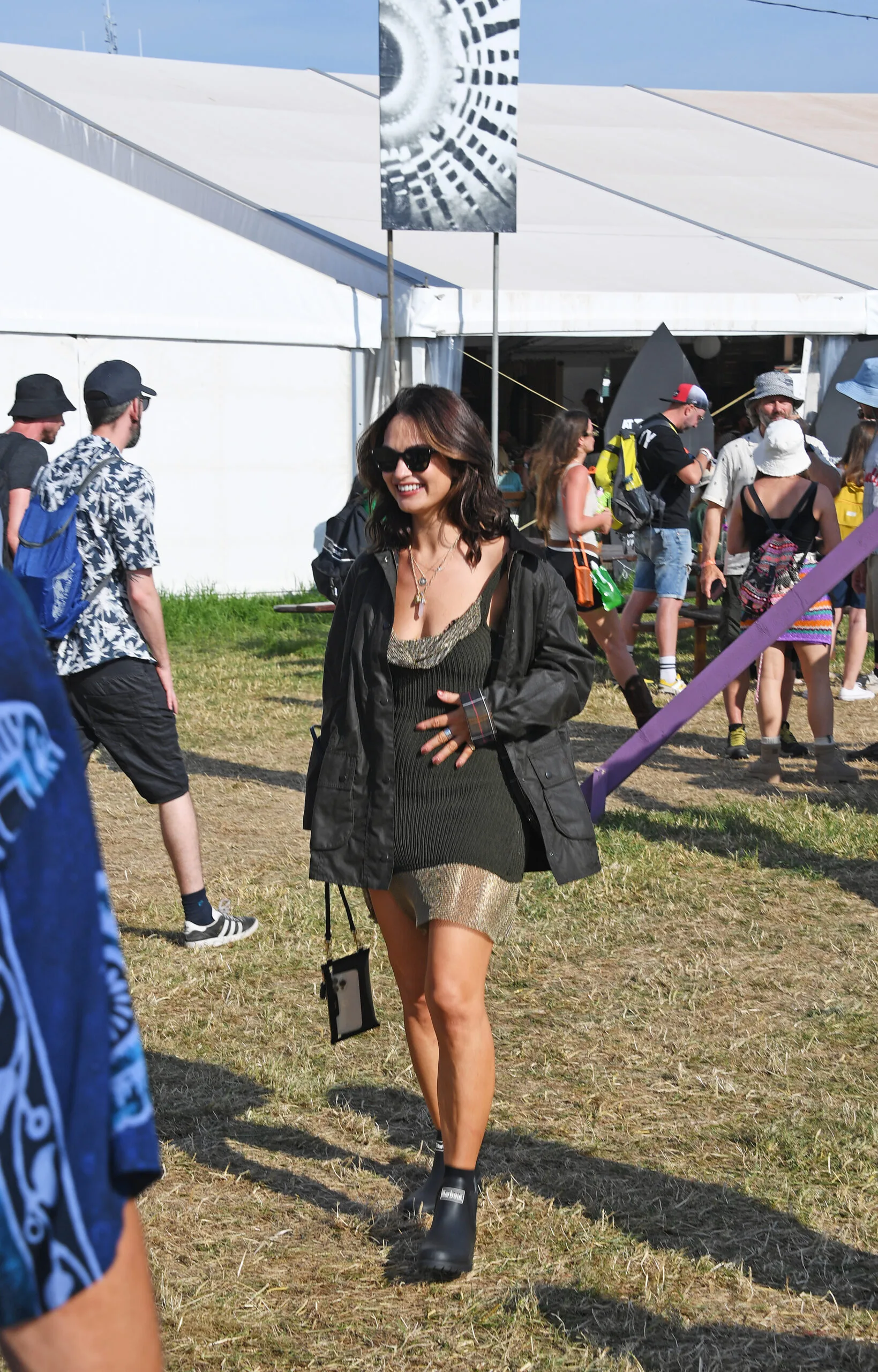 : Lily James is seen on day one of the Glastonbury Festival