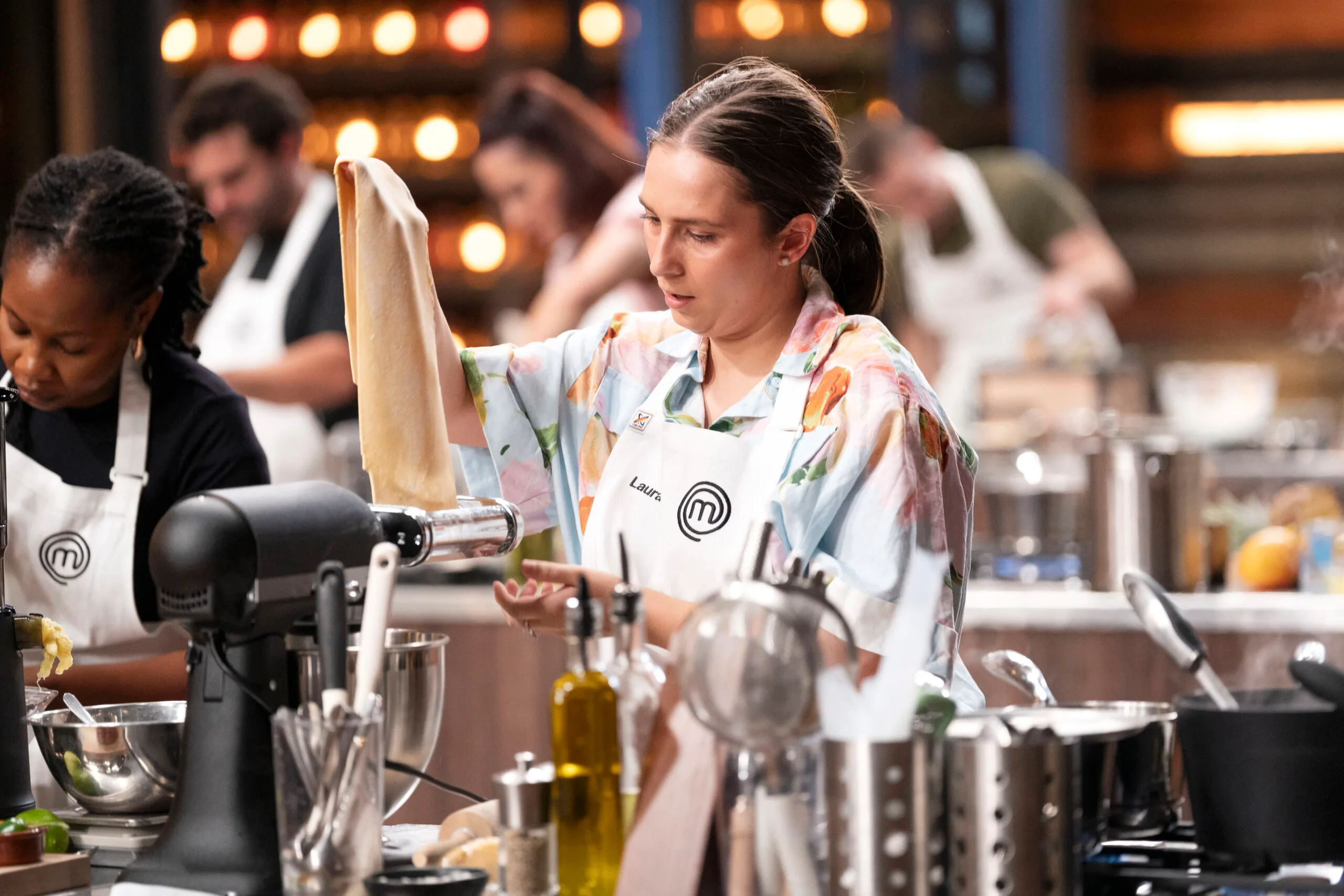 Adelaide chef Laura Sharrad in the MasterChef kitchen making pasta