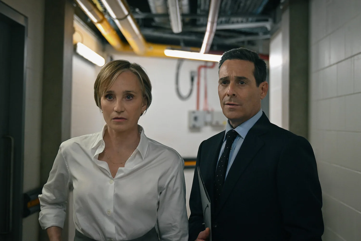 kristin scott thomas with suited co-star in slow horses season five