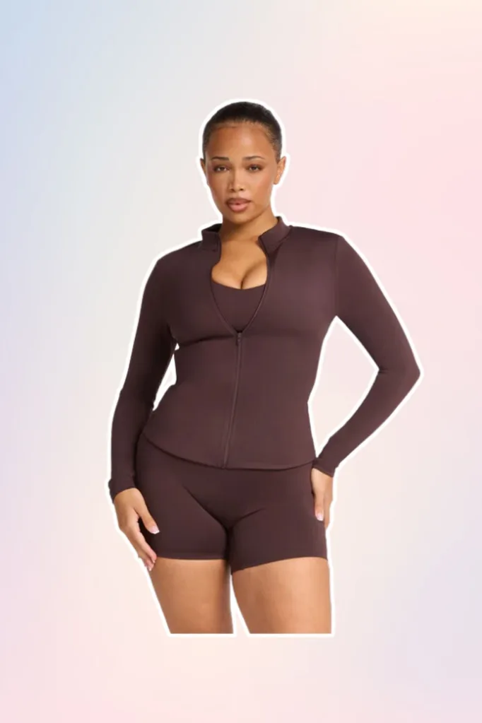 Brown activewear zip up jacket.