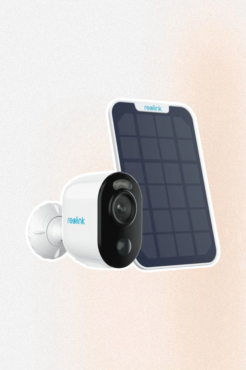 Outdoor security camera with solar panel with the words REOLINK printed on the side in blue