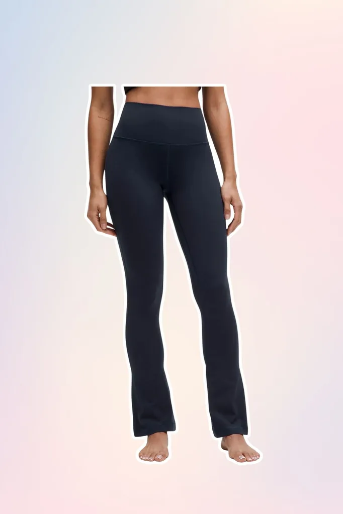 Navy Pilates activewear flared pants.