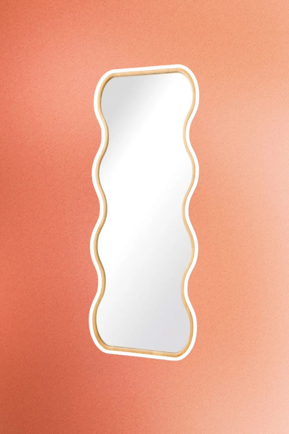 Wavy mirror with an oak-look frame.
