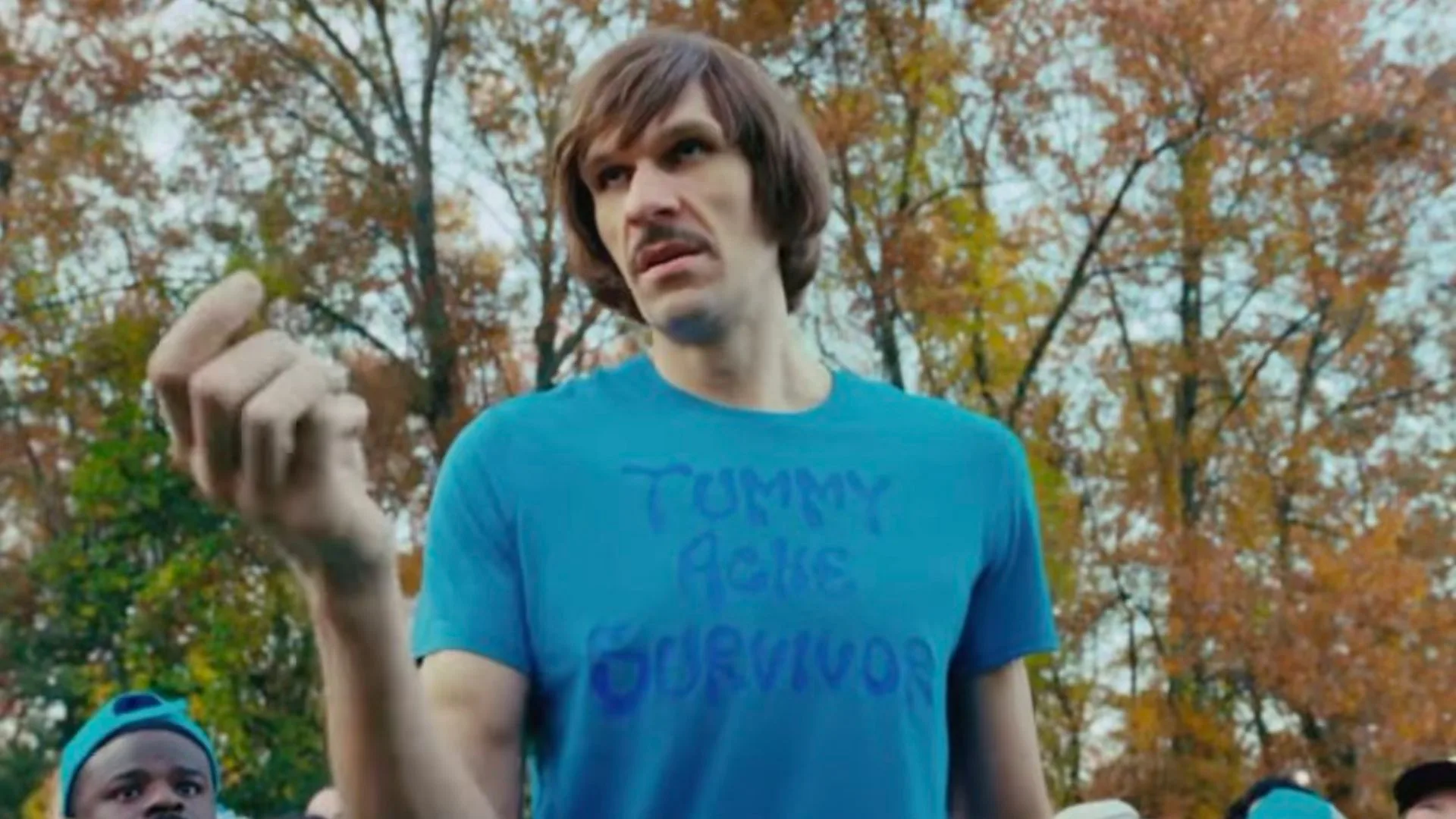 boban marjanovic in a wig and blue tshirt for his happy gilmore 2 cameo