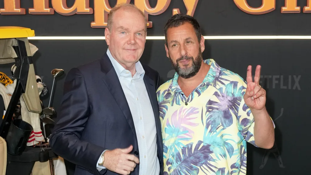 Adam Sandler and Tim Herlihy at the premiere of Happy Gilmore 2