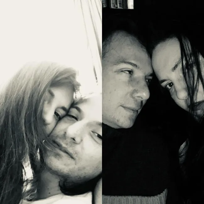 lena dunham and husband in two spliced black and white selfies
