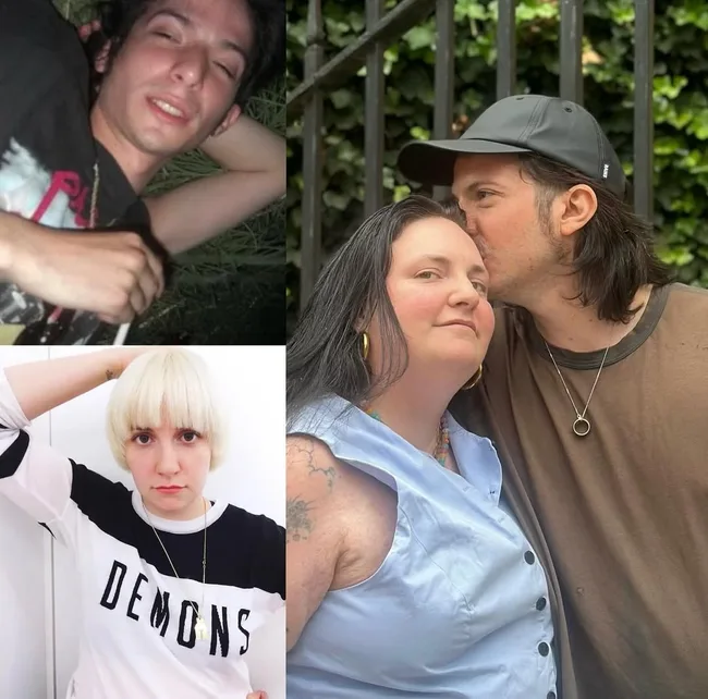 a tri-spliced image of lena dunham and her husband as young adults then together as a couple in their thirties